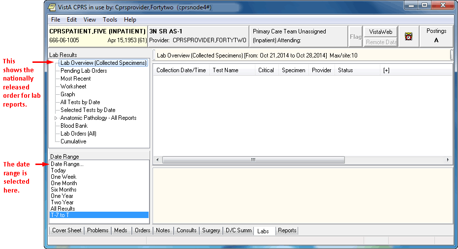 This screen capture shows
the Labs tab with the Lab Overview (All Orders) items selected and the traditional date 
selection method shown. 