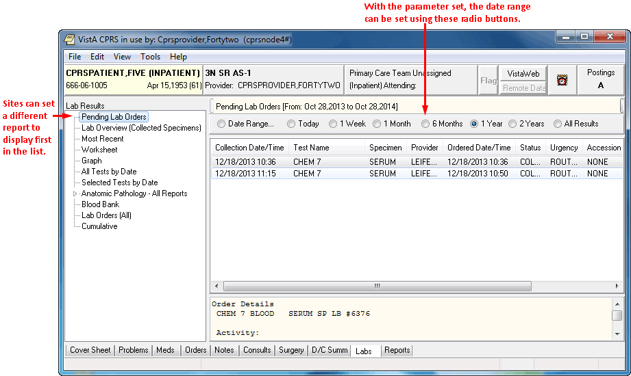 This screen capture shows the Labs tab with a different lab 
selected to be first in the list and radio buttons across the top of the pane 
that displays data to select the date range fo the lab results.