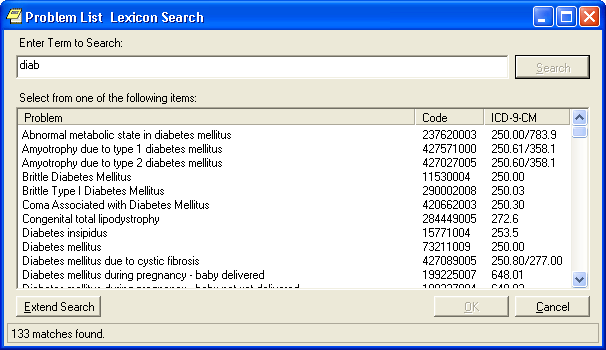 This screen capture shows the Problem List search dialog with the Extend Search button that enables the user to get more terms.