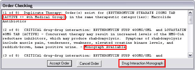 The Order Checking dialog with the Drug Interaction Monagraph button and locations highlighted in red.