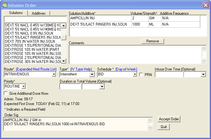 The Infusion Order dialog with the options for intermittent infusion orders displaying.