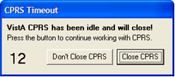 This screen capture shows the CPRS Timeout dialog for a single session that counts down how many seconds until CPRS closes.