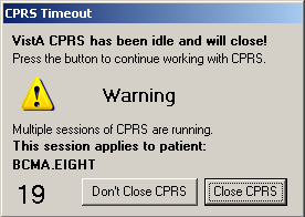 This screen capture shows the CPRS Timeout dialog for multiple sessions that identifies the session ready to close and counts down how many seconds until that sessions closes.