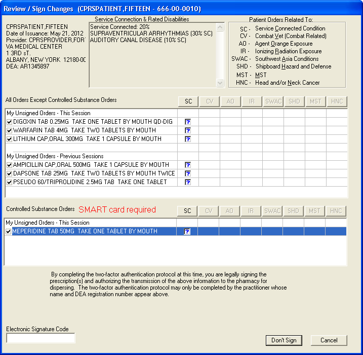 the signature dialog with controlled substance orders and service-connected questions