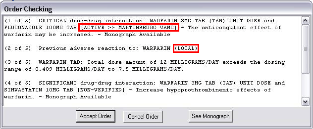 The Order Checking dialog with the source of the order check information highlighted in red.