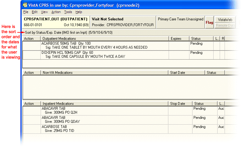 This screen capture shows part of the Meds tab with the text indicating the sort order identified