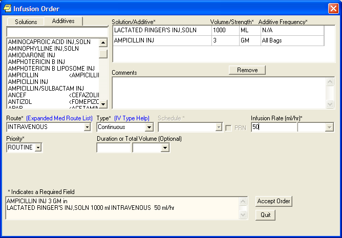 The Infusion Order dialog for ordering continuous infusion orders.