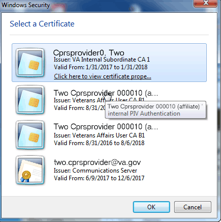 This screen capture shows the Windows Security dialog that displays 
the certificates that the user can choose from to sign in. 
In this case, it also shows that when the user hovers over the name of the 
appropriate certificate, the hover hint will show that it is for internal 
PIV authentication.