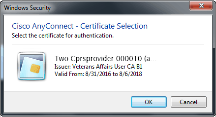 This screen capture shows the Windows Security dialog where the user selects the appropriate certificate to authenicate to the system. The certificate should match the one on the PIV card. 
