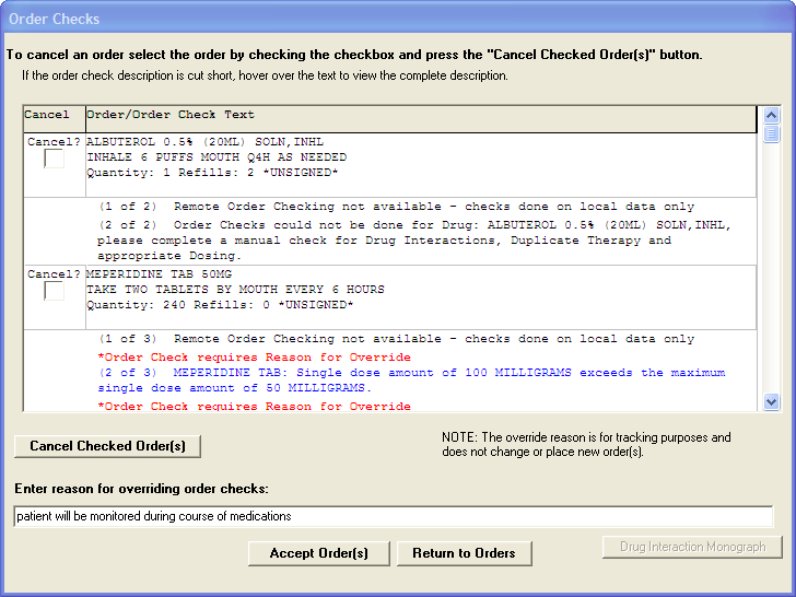 This screen capture shows the order check dialog with various order checks, including a high risk order check with colors of blue and red.